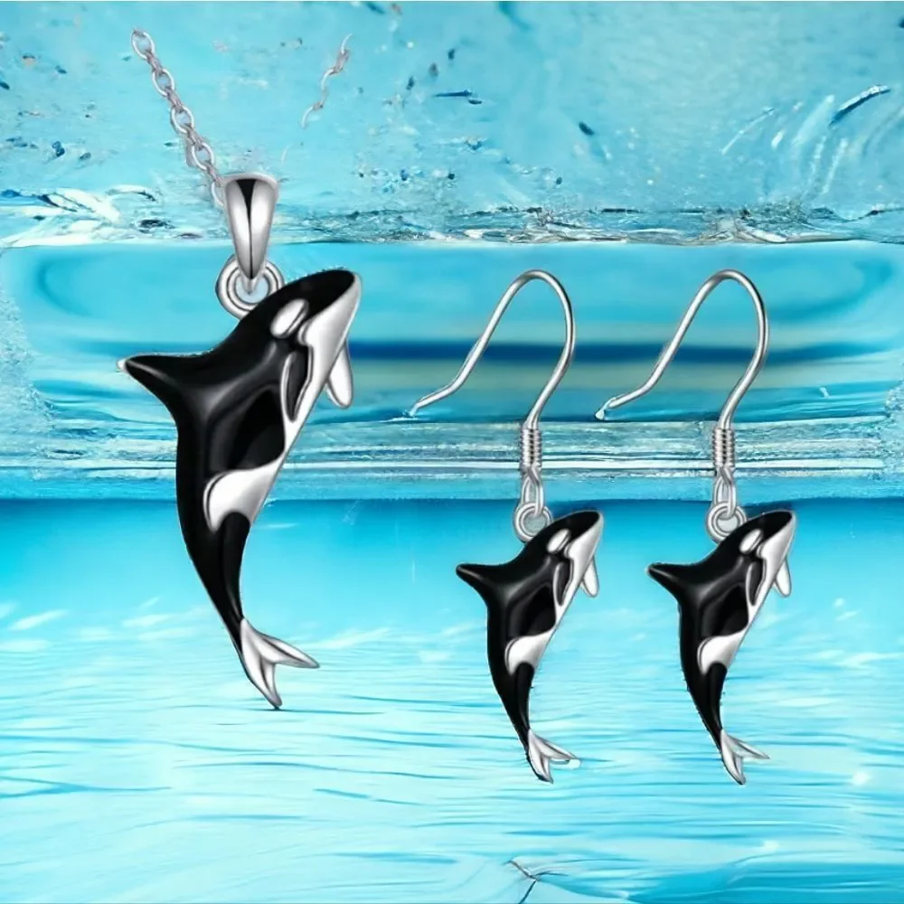 Orca Whale Jewelry Set Necklace Earrings Shamu Sea World Ocean Sea Life Jewelry